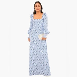 Caroline Constas Blue Diamond Toile Elliot Maxi Dress long Sleeve Gown Size XS